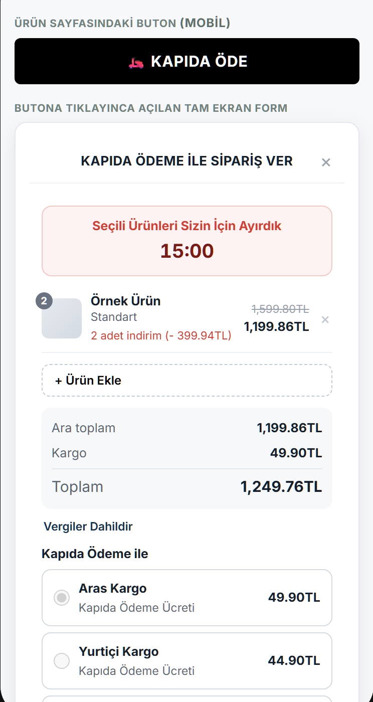 Kapıda Ödeme Formu - Shopify mobil sipariş formu
